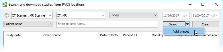 RadiAnt_DICOM_Viewer_PACS_search_presets_add_menu